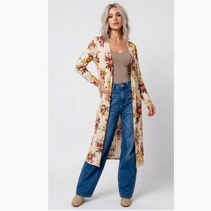 ANDTHEWHY Boho-Chic Floral Stripe Longline Kimono Duster Womens Medium New